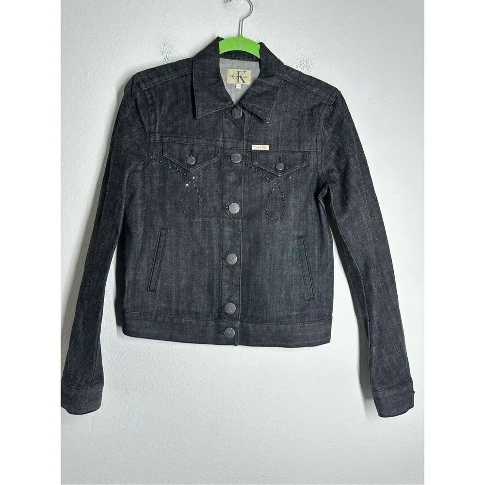Calvin Klein Women’s Black Denim Jacket Rhinestone Trim Size M Cotton Blend